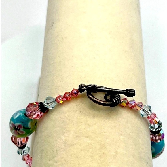 Floral Murano Glass Bead Bracelet With Pink & Green Accents - Picture 5 of 6